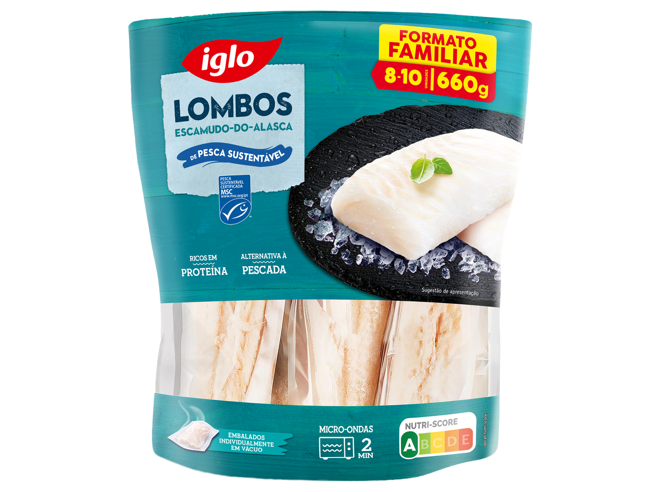 Lombos de escamudo-do-Alasca de pesca sustentável, ricos em proteína, embalados individualmente.