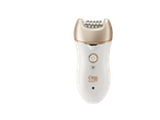Epilador Cien Beauty branco e dourado com botões de ligar e pausar.
