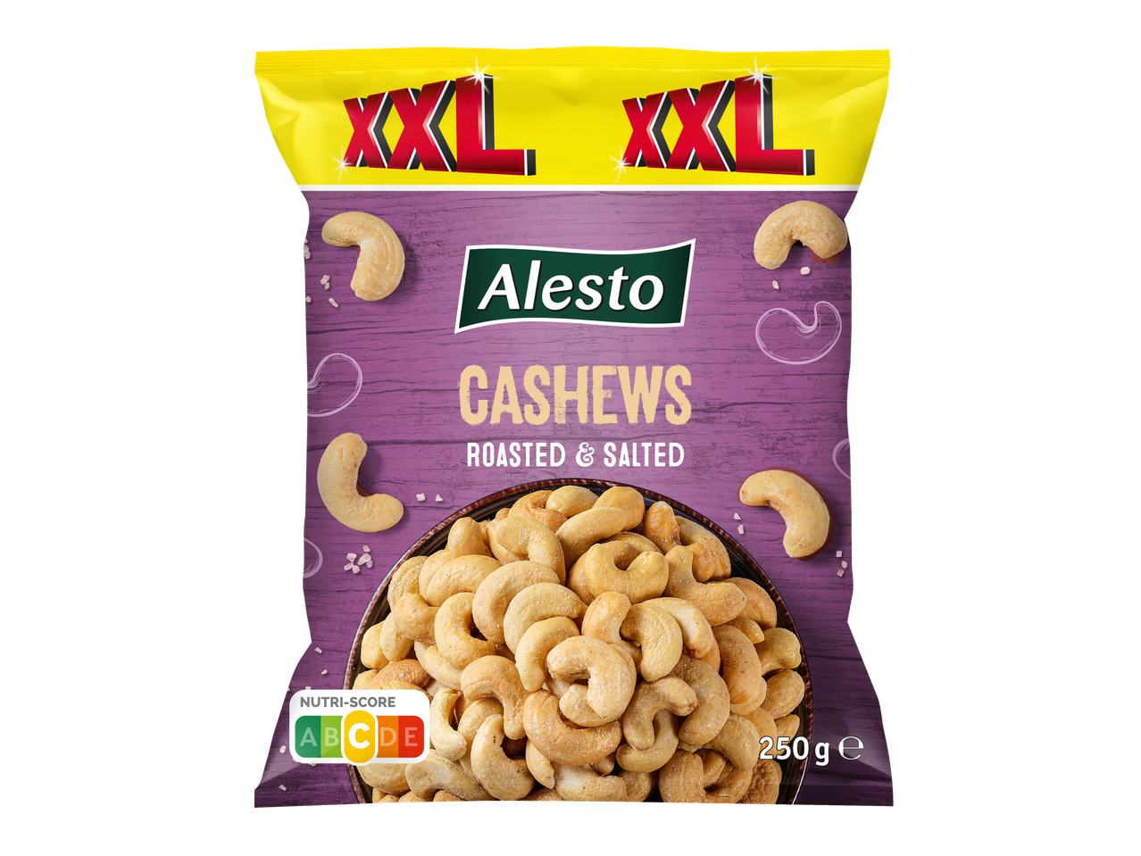 Um pacote de cajus Alesto XXL, torrados e salgados, 250g.