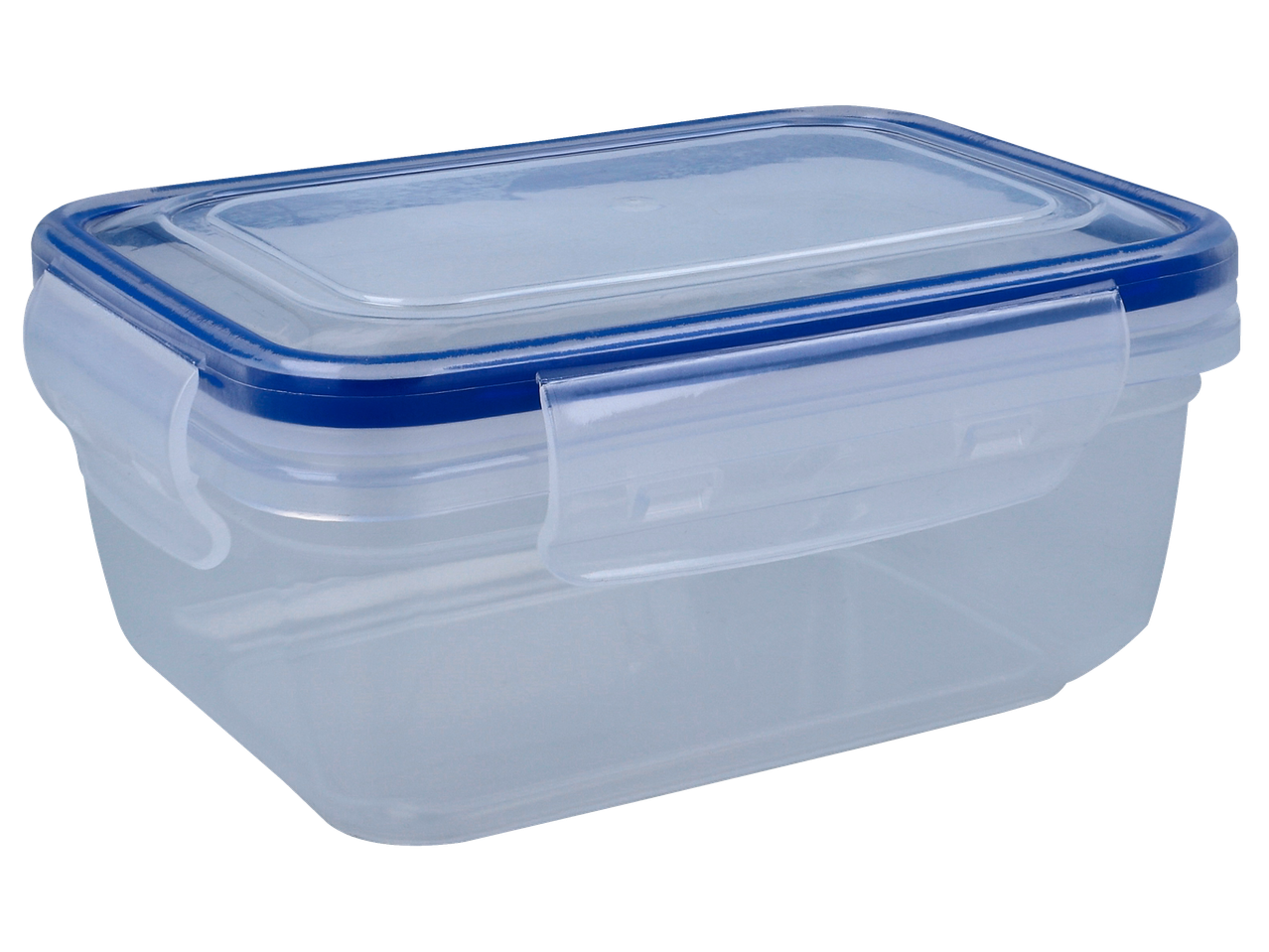 Clear plastic food storage container with a blue lid