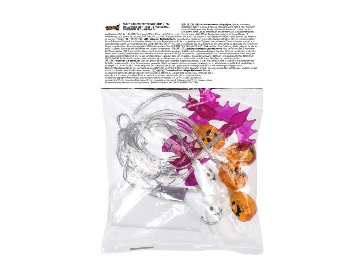Halloween string lights with bat, ghost and pumpkin shapes in packaging