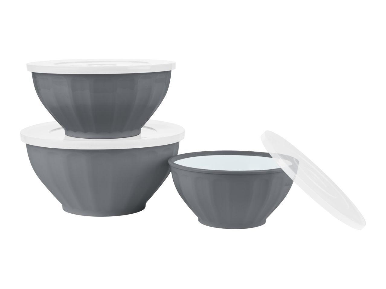 Three grey mixing bowls with white lids, one open with a white interior.