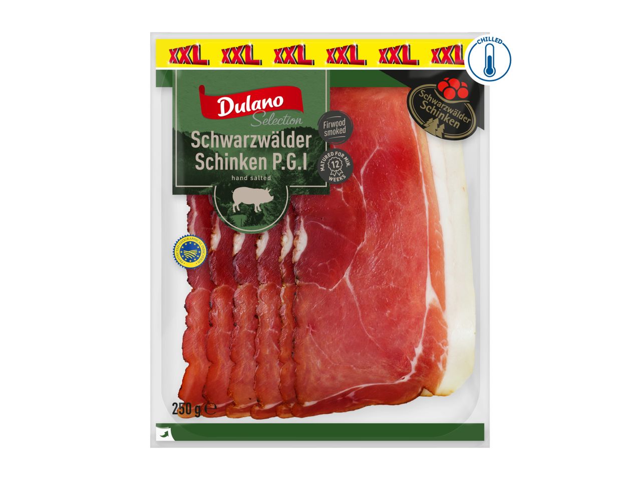Dulano Selection Schwarzwälder Schinken P.G.I., hand salted and firwood smoked, 250g pack.