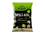 Green and black bag of Wasabi Snack with wasabi seasoning, showing wasabi paste and chopsticks.