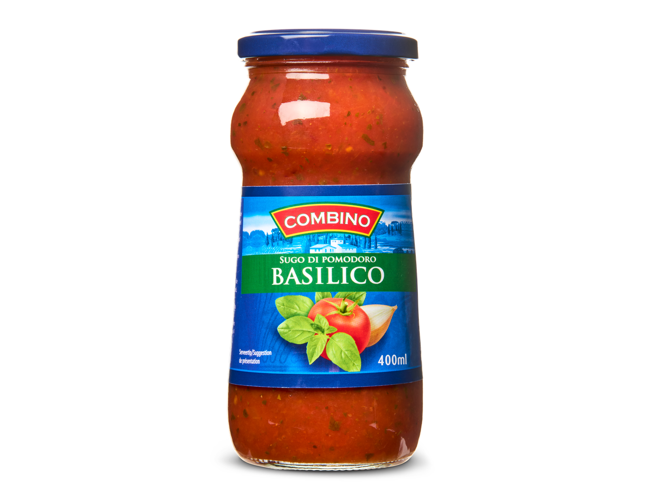 Combino basilicum tomatensaus in een glazen pot.