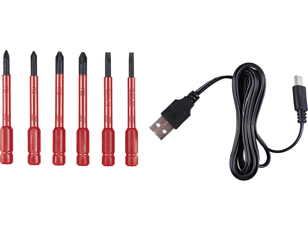 Шест червени накрайника за отвертка (PZ1, PH1, PH2, PZ2, SL4.0, SL3.5) и черен USB кабел за зареждане.