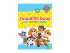 Colouring book with Paw Patrol characters, featuring Chase, Skye, Marshall, Rubble, and Rocky.