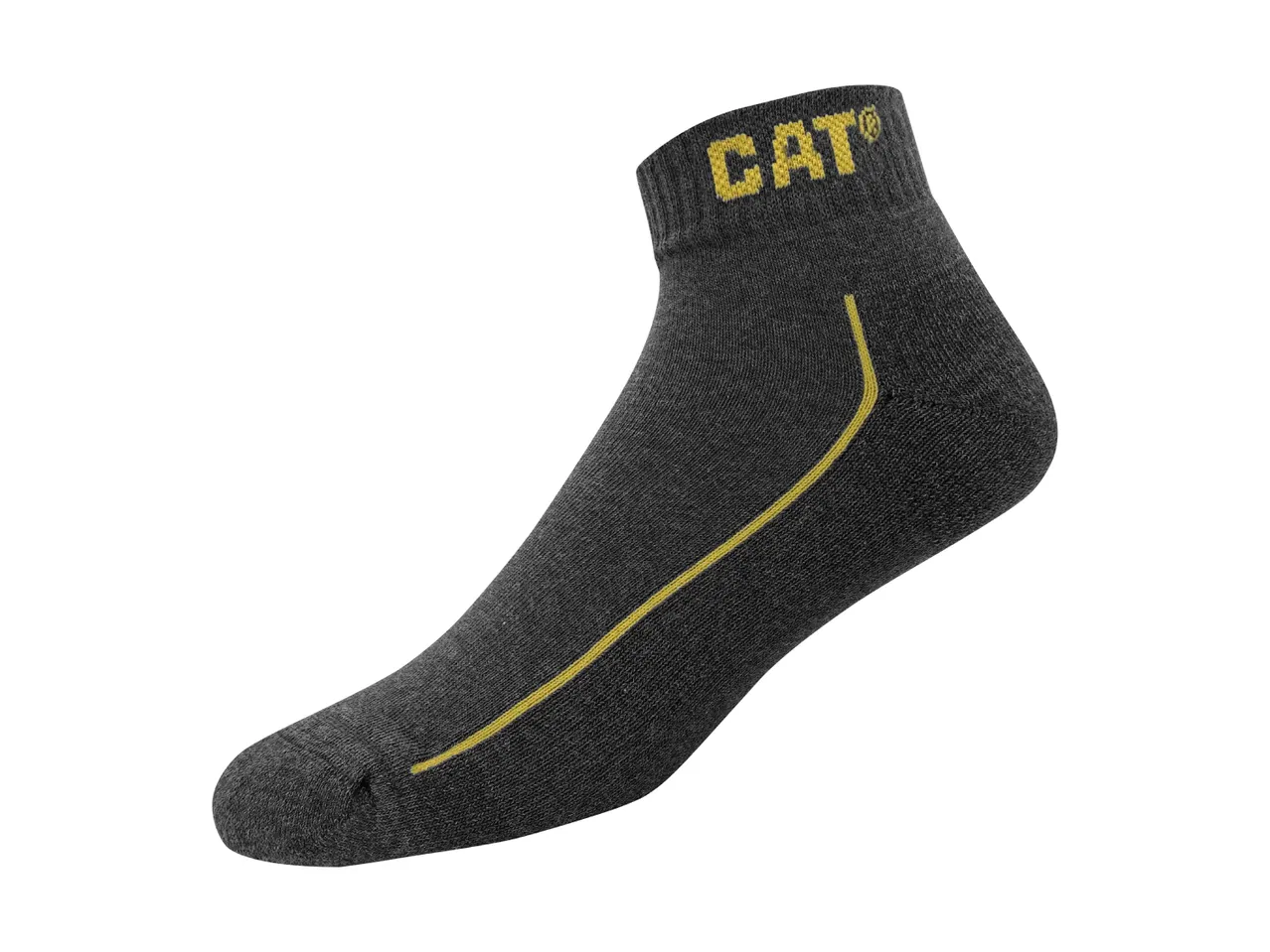 A dark gray CAT branded ankle sock with a yellow stripe.
