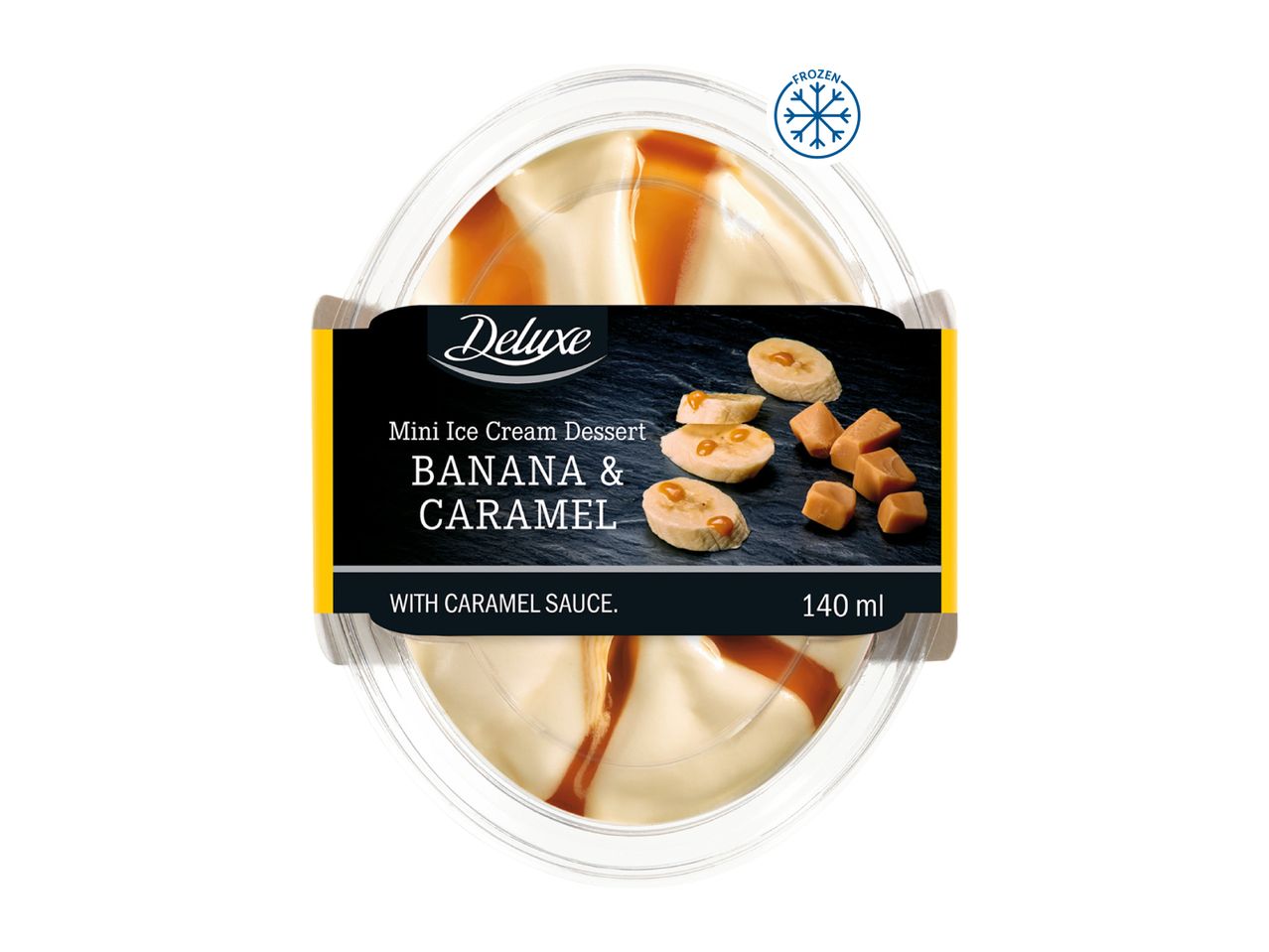 Mini ice cream dessert with banana and caramel, with caramel sauce, 140 ml, frozen.
