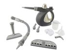 Handheld steam cleaner with various attachments, including brushes, hose, and measuring cup.