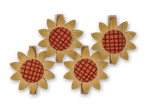 Vier hölzerne Sonnenblumen-Klammern mit rot-orangefarbenem Karomuster auf schwarzem Hintergrund.