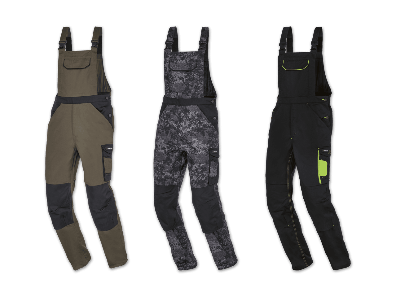 Drei Anglerhosen in Khaki, Grau und Schwarz.