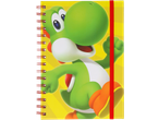 A spiral-bound notebook featuring a green dinosaur character on a yellow background with a red elastic band.