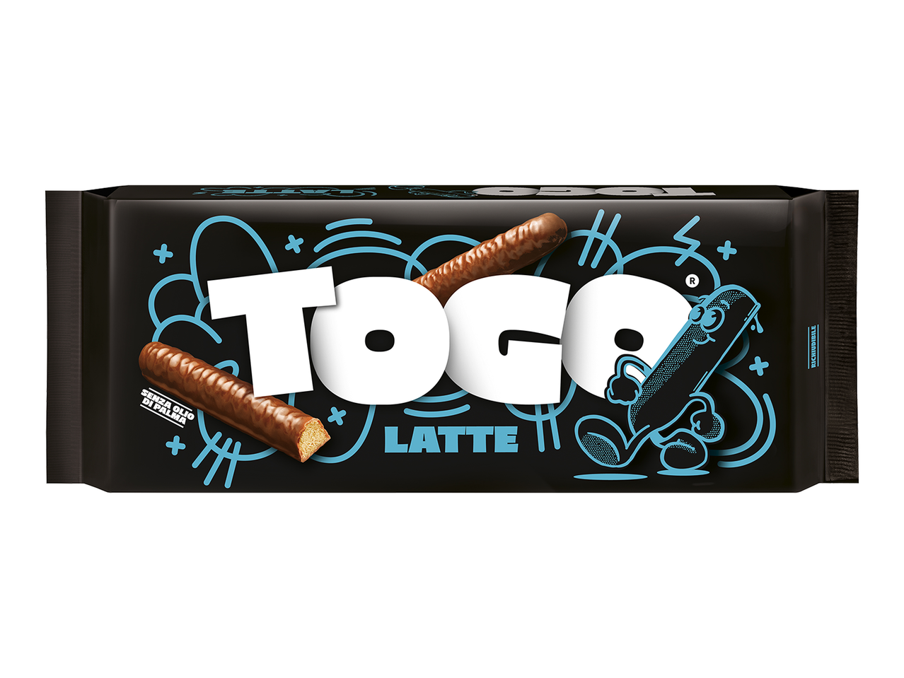 Chocolate-covered biscuit sticks with a playful design and the text 'LATTE'.