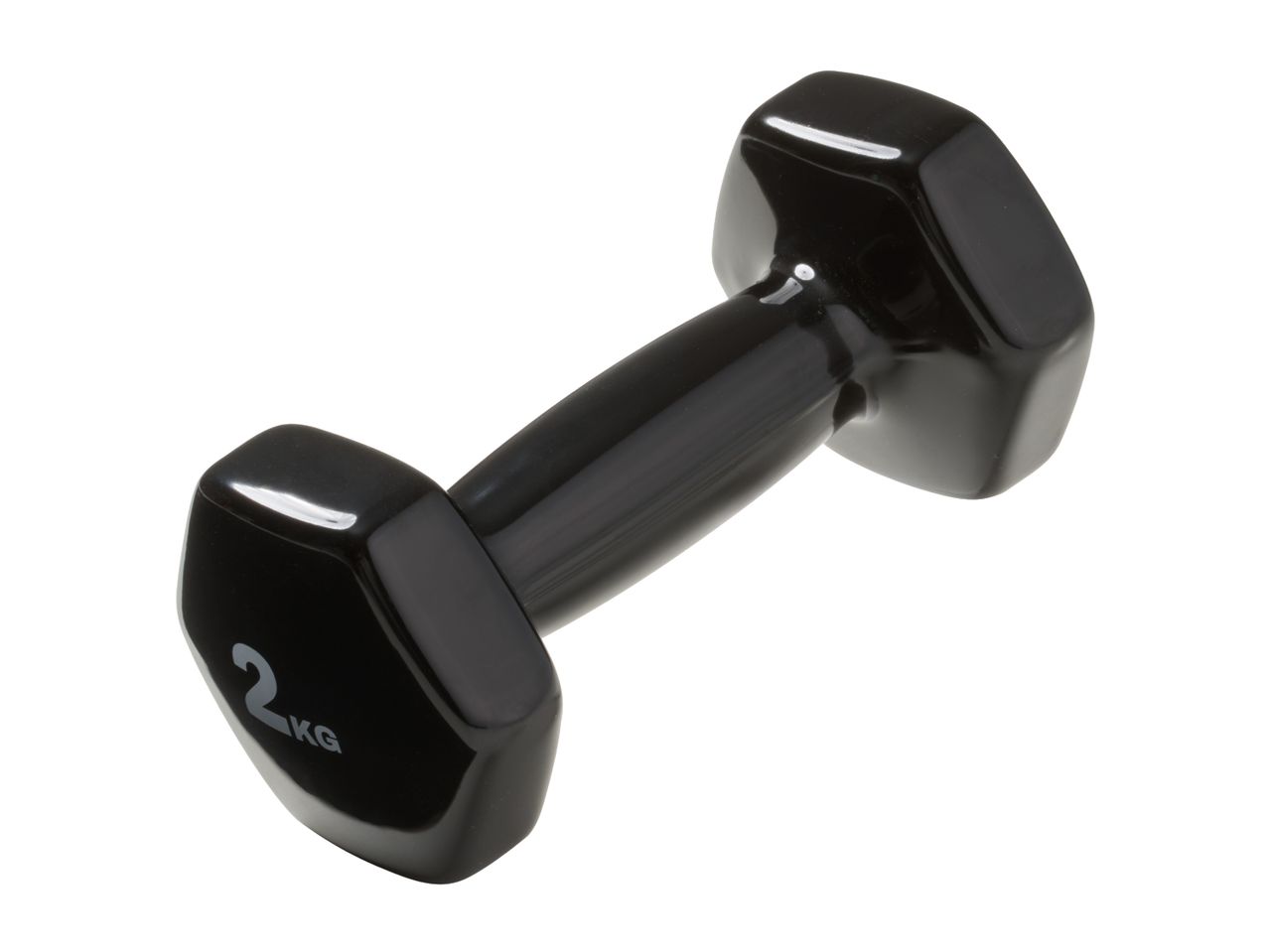 Black 2kg dumbbell with hexagonal ends, angled view.