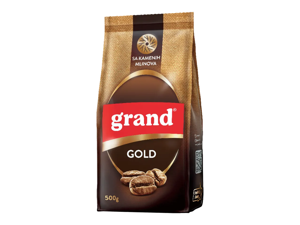 Pakovanje kafe od 500g sa natpisom 'Gold' i zrnima kafe na dnu.