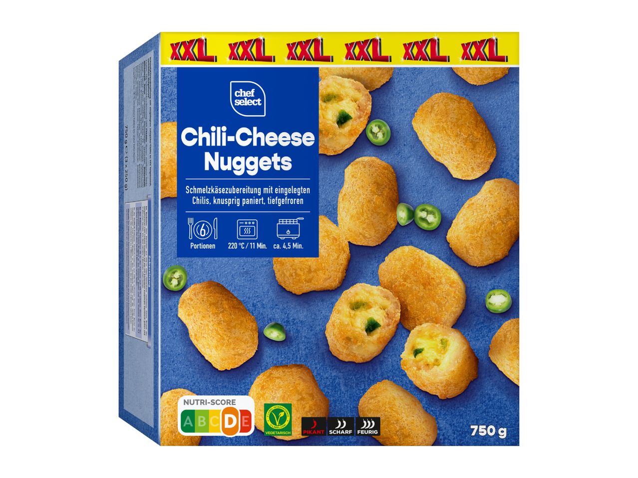 Chili-Cheese Nuggets box with cooking instructions, Nutri-Score D, and vegetarian label.