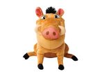 A plush Pumbaa toy from Disney's The Lion King sits looking upward.
