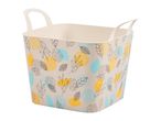 Cream-colored plastic storage basket with handles and a colorful leaf pattern