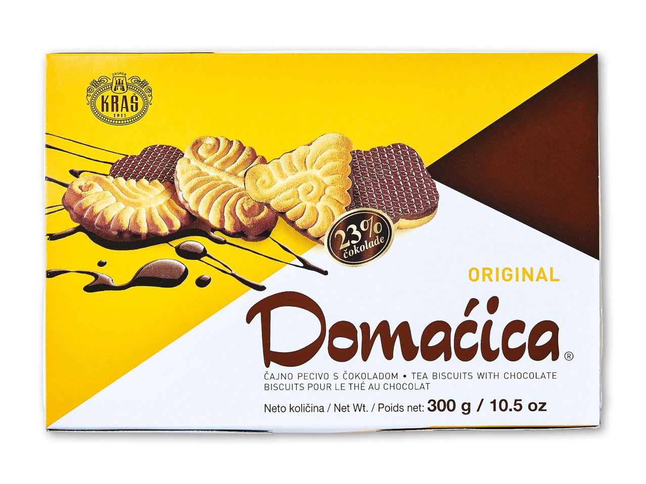 Æske med te-kiks med chokolade, der viser kiks med chokoladedrys og chokoladesauce.