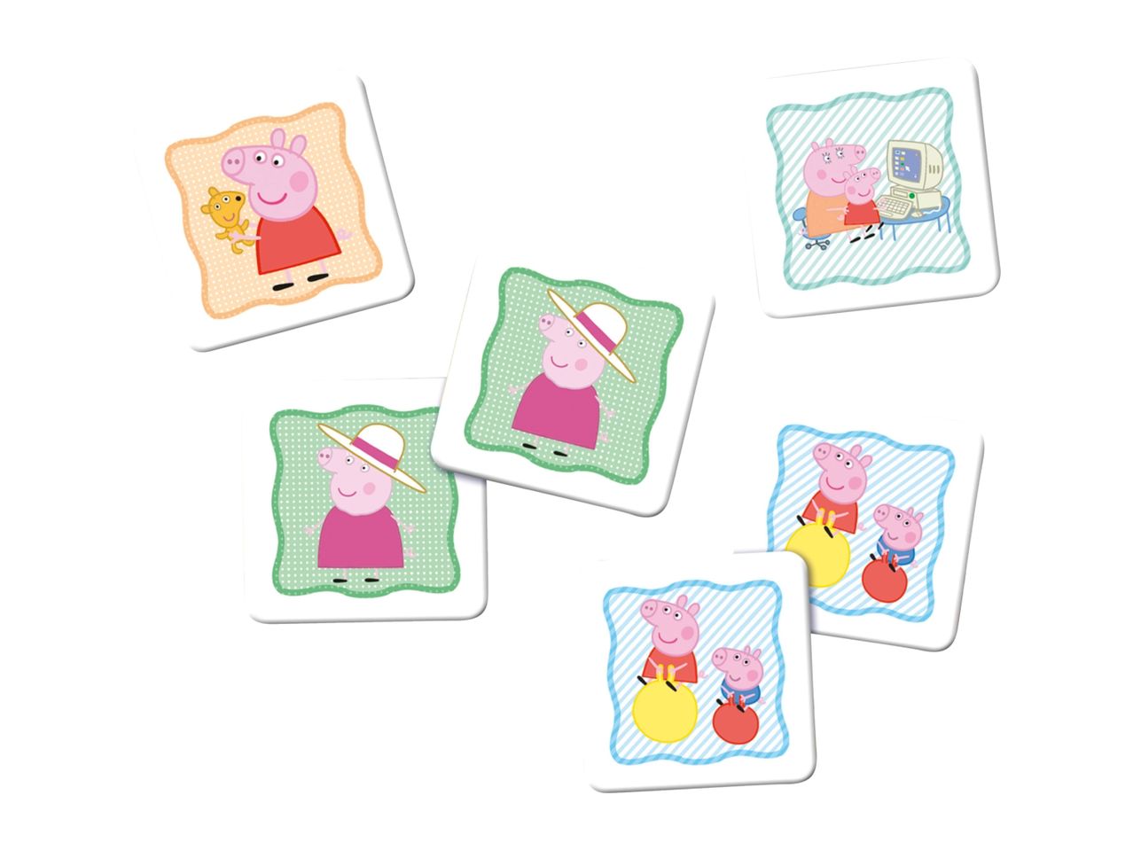 Six Peppa Pig themed memory game cards featuring various characters and activities.