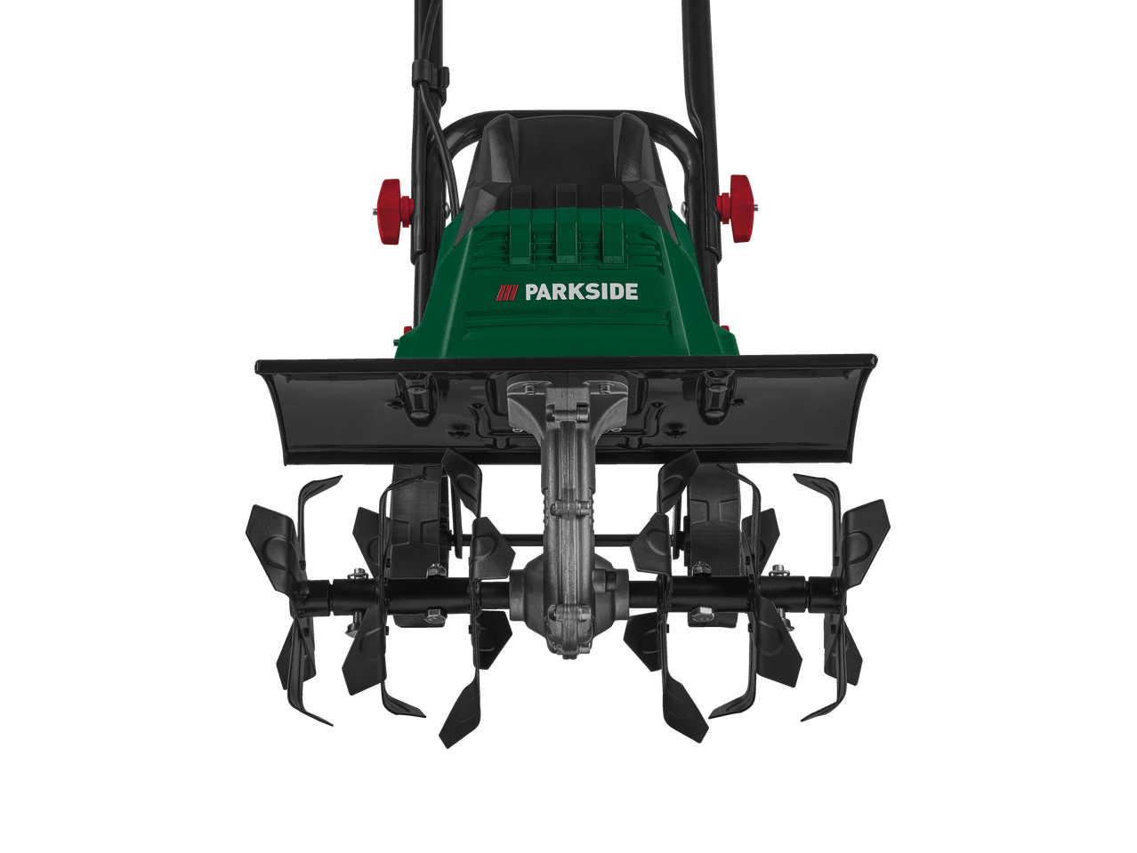 Cultivador Parkside: máquina verde com lâminas pretas.