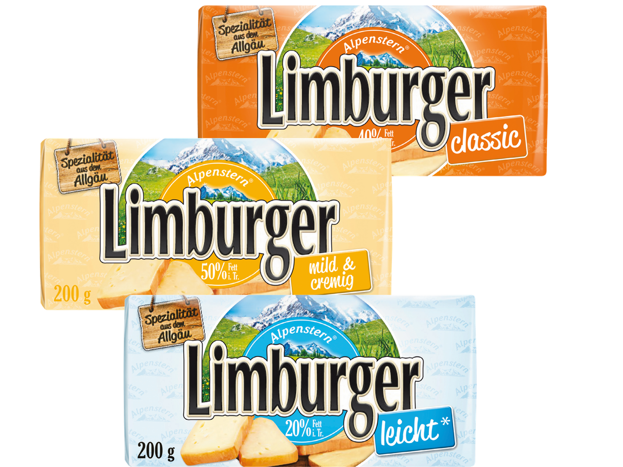 Tre förpackningar av Alpenstern Limburger-ost: Classic, Mild & Creamy och Light.