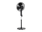 Black pedestal fan with three blades and a round base