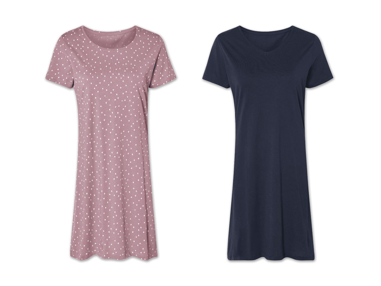 Zwei Damen-T-Shirtkleider: eines rosa mit weißen Punkten, eines dunkelblau.