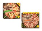 To pakker stenovnsbagt pizza, en med mozzarella og tre pizzaer, den anden med margherita og fire pizzaer.