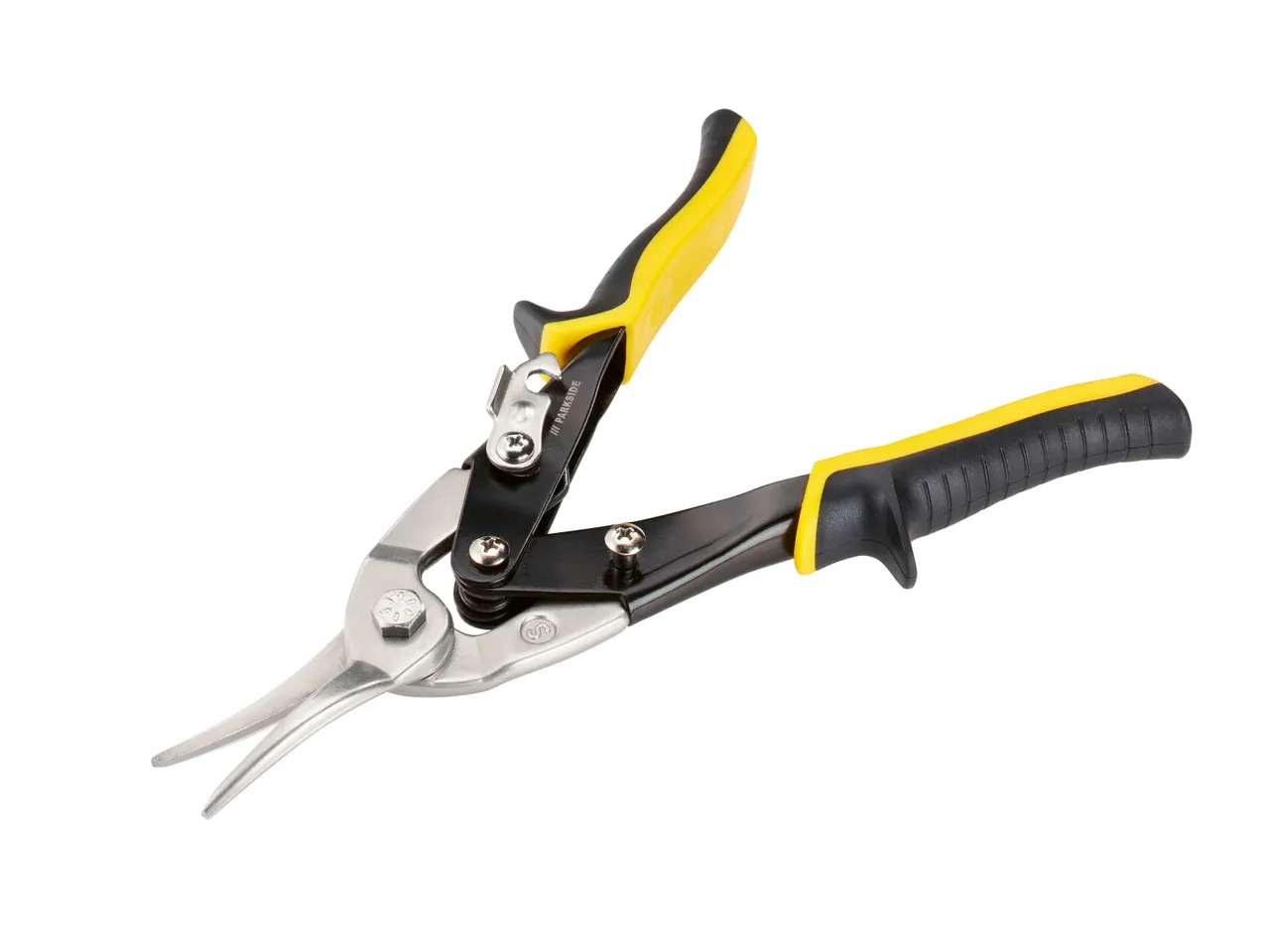 A pair of yellow and black tin snips with a silver cutting head.