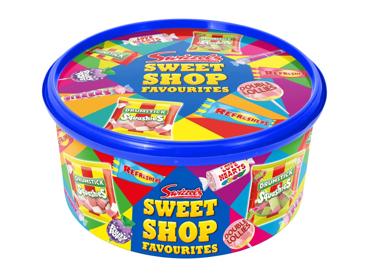 A colorful tub of sweet shop favourites containing a variety of classic candies.