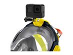 A black action camera mounted on a yellow and black full-face snorkeling mask.