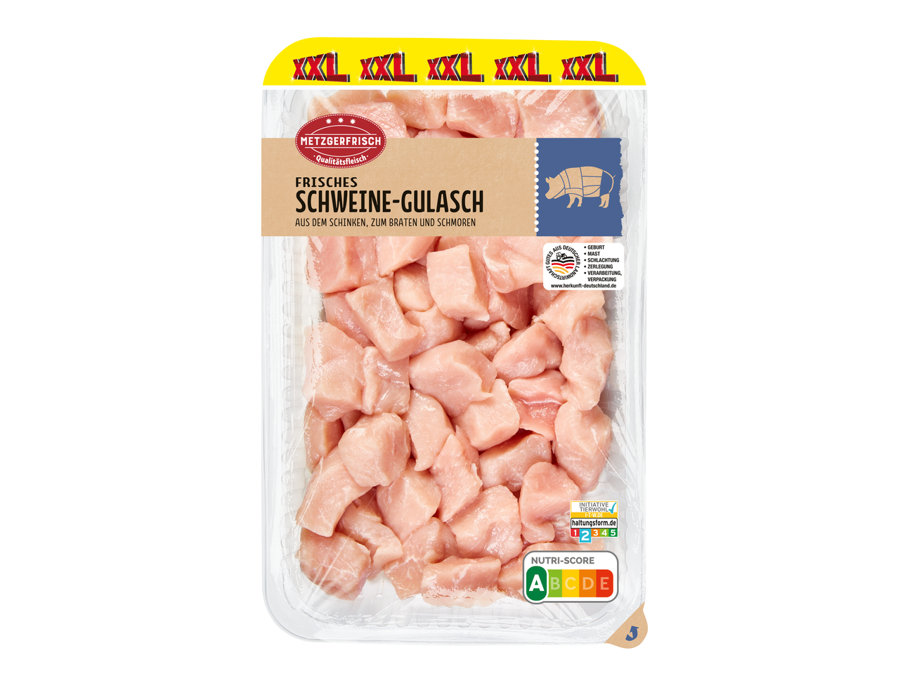 Metzgerfrisch Frisches Schweine-Gulasch, XXL-Packung, mit Nutri-Score A und Tierwohl-Informationen.