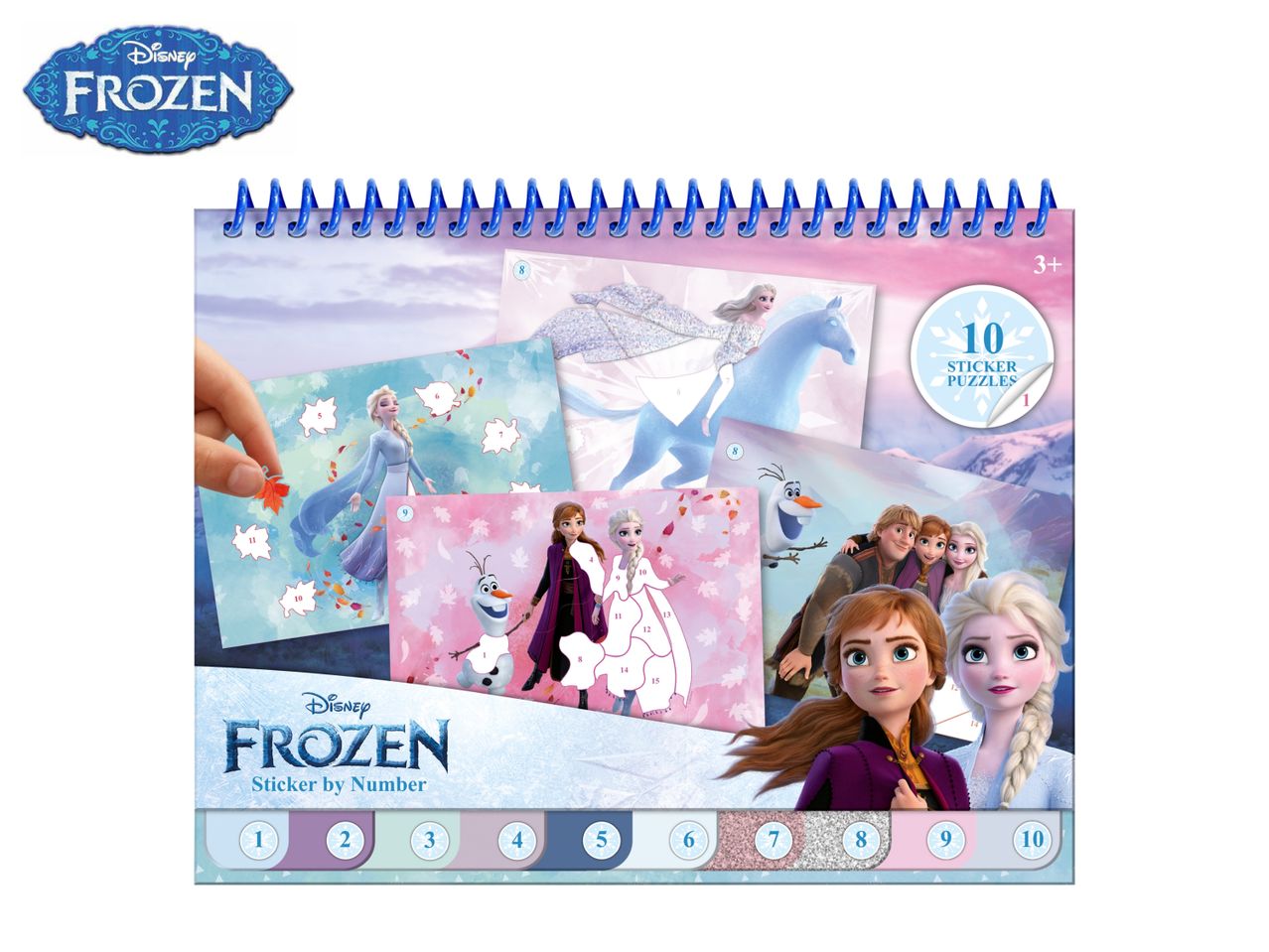 Frozen sticker by number activity book with 10 sticker puzzles featuring characters like Elsa, Anna, and Olaf.