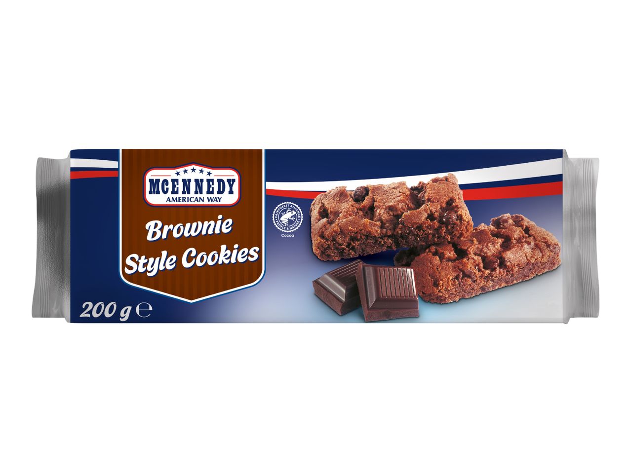 Packaging for brownie style cookies with chocolate pieces and a Rainforest Alliance seal.