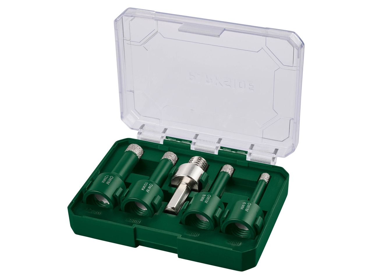 A set of diamond drill bits in a green case with a clear lid.