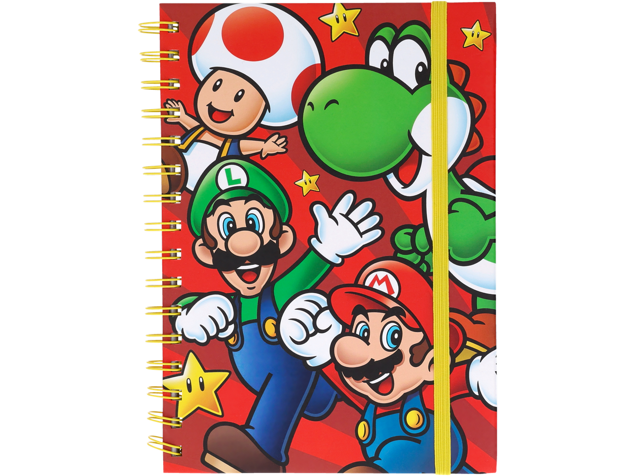 Super Mario spiral notebook featuring Mario, Luigi, Yoshi, and Toad on a red background.