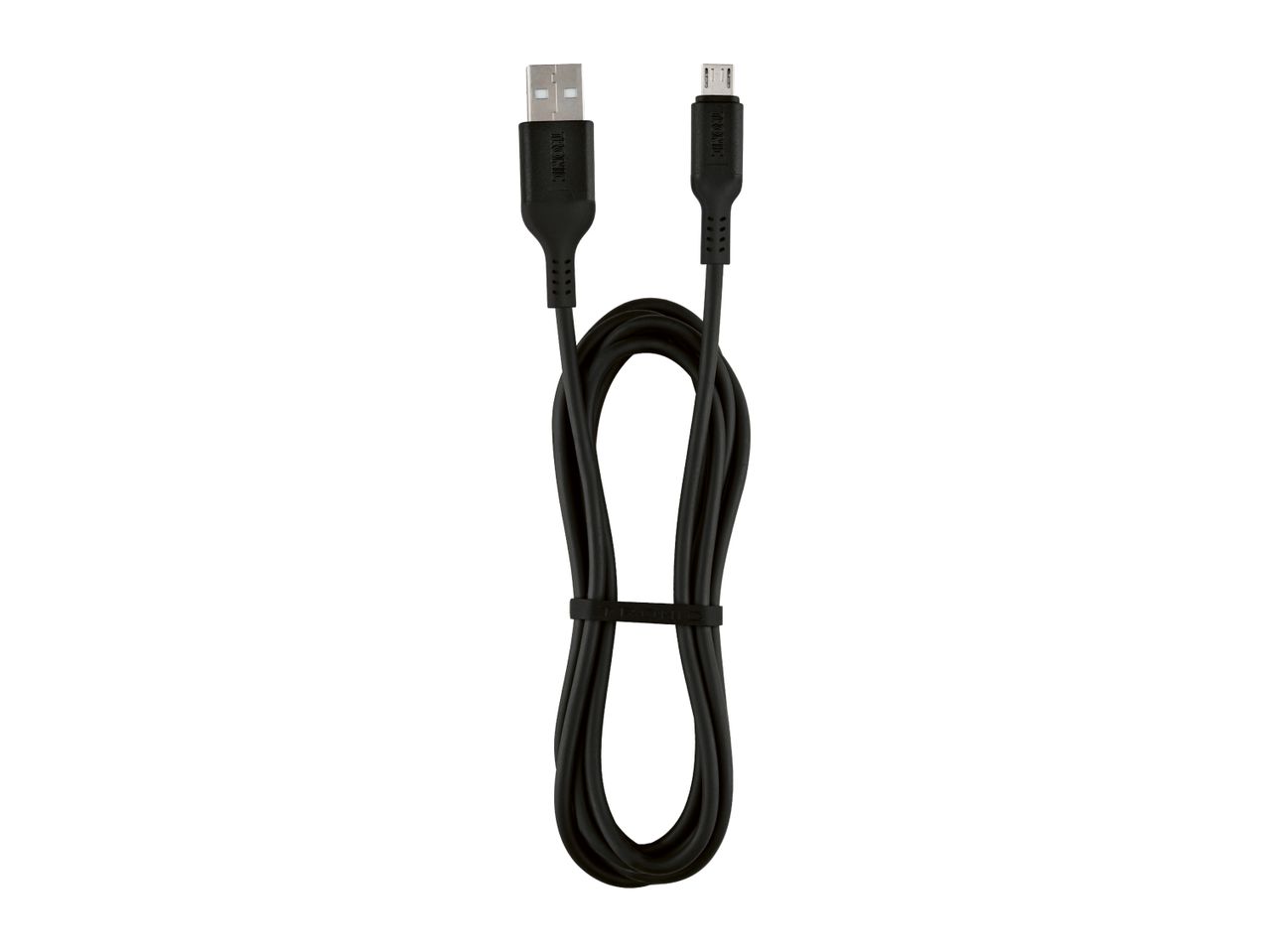 Black USB to micro-USB charging cable, coiled and secured with a strap.