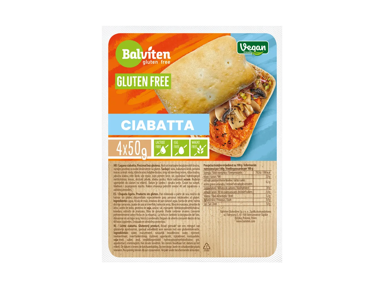 Glutenvrije ciabatta, 4x50g, lactosevrij, eivrij en tarwevrij, met voedingswaarden.