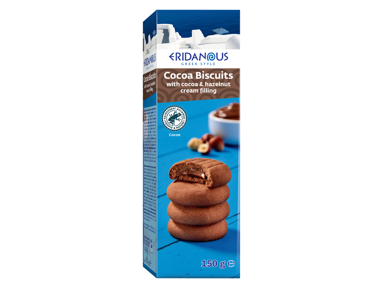 Eridanus cacao koekjes met cacao en hazelnoot crèmevulling.