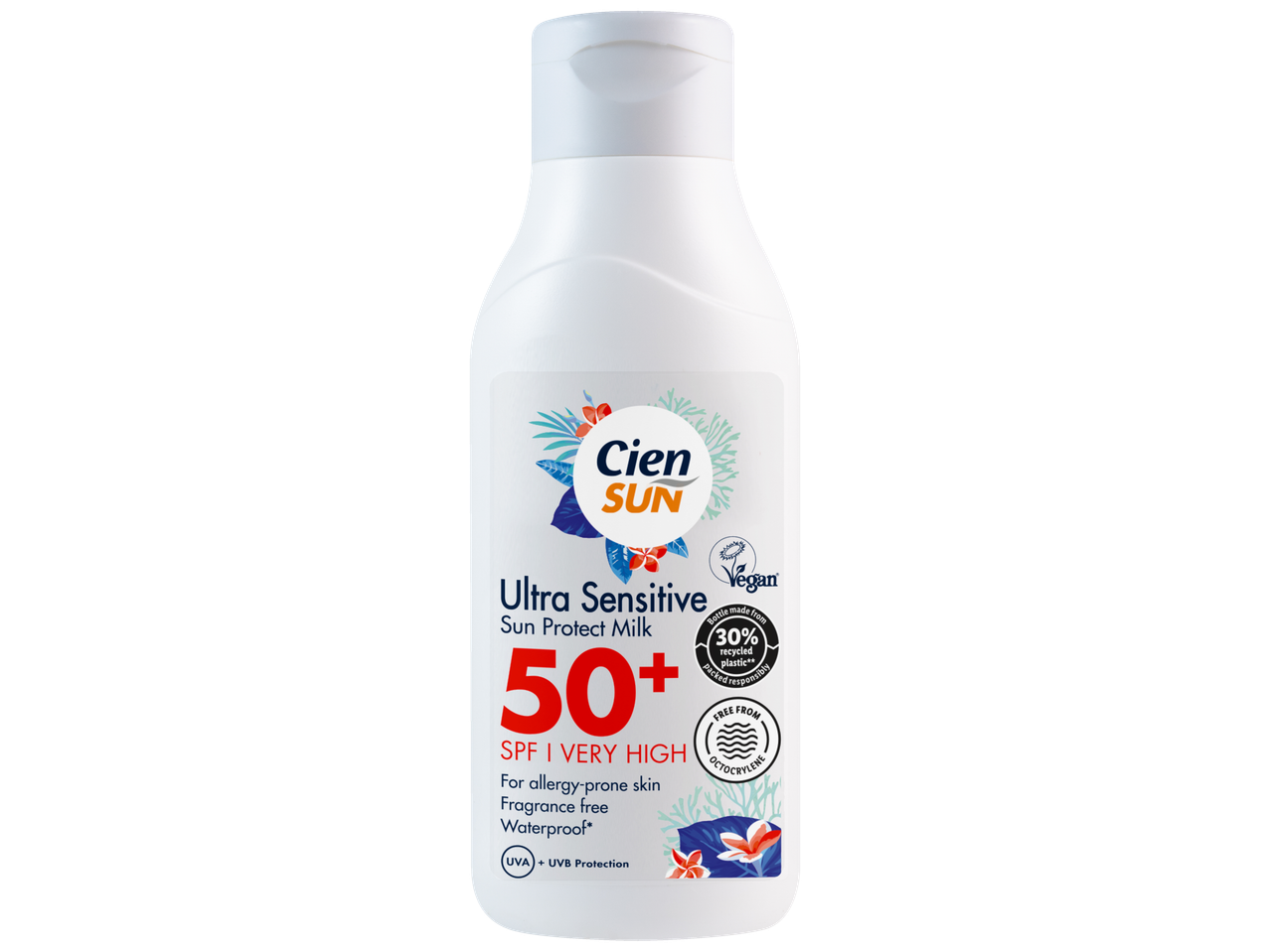 Lapte solar Cien SUN Ultra Sensitive SPF 50+, vegan, rezistent la apă.
