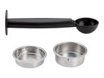 Coffee machine accessories: a black measuring spoon and two stainless steel filter baskets.