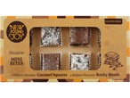A box of New Found Joy Decadent Mini Bites, featuring Belgian Chocolate Caramel Squares and Rocky Roads.