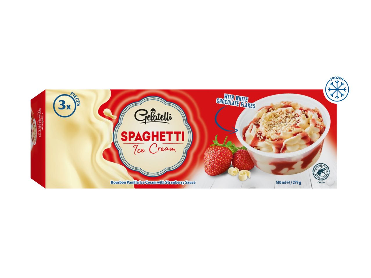 Ghirardelli Spaghetti Ice Cream box featuring strawberry and white chocolate.