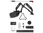 PARKSIDE® 4-in-1 Petrol Multi Tool with harness, tools, fuel bottle, and accessories.