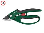 Green and black garden pruning shears with a red safety lock, marked 16+.