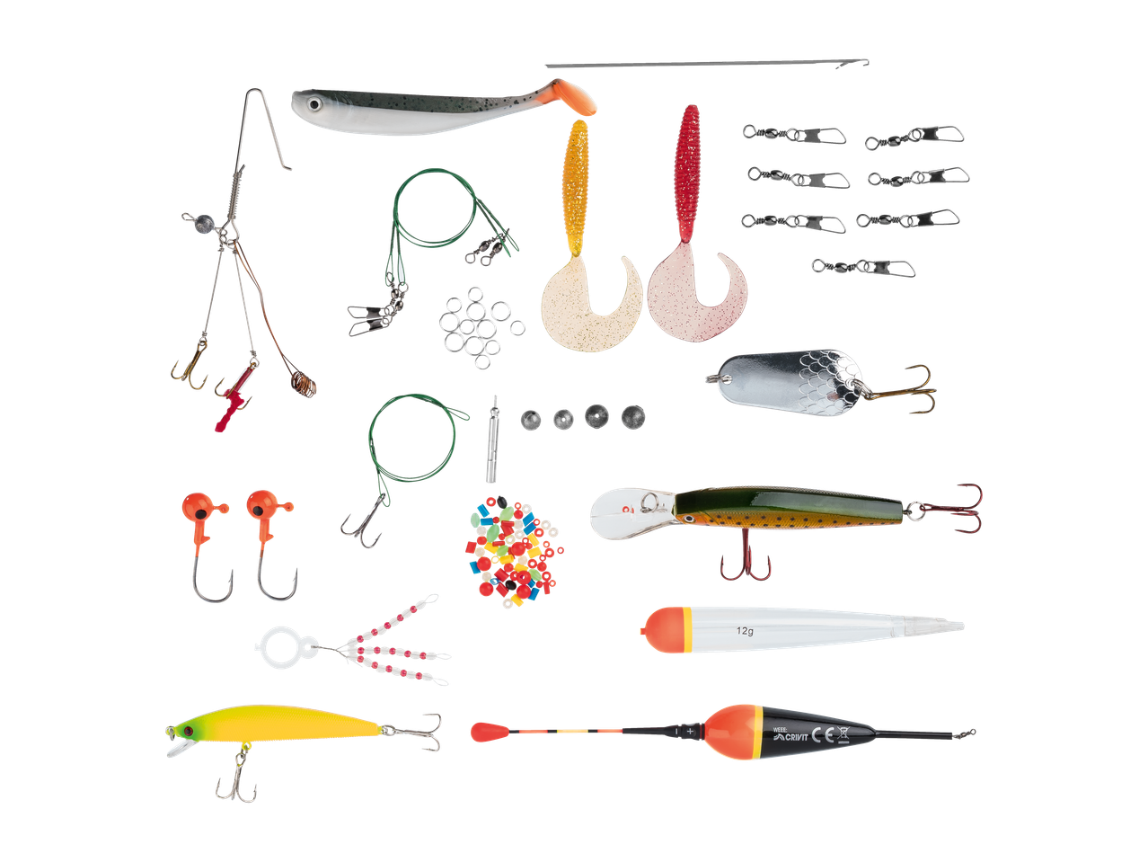 Set accesorii de pescuit CRIVIT cu momeli, plute și cârlige.
