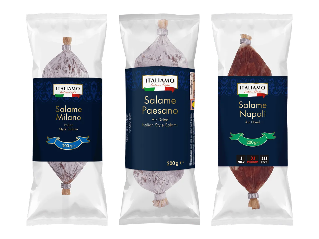 Kolme pakkausta italialaista salamia: Milano, Paesano ja Napoli, joissa on paino ja maustetiedot.