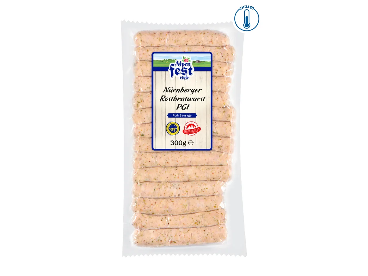 Pack of Alpenfest Nürnberger Rostbratwurst PGI pork sausages.